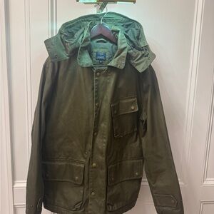Mens J.crew outerwear new york army Olive green waxed Hooded hood Jacket xl